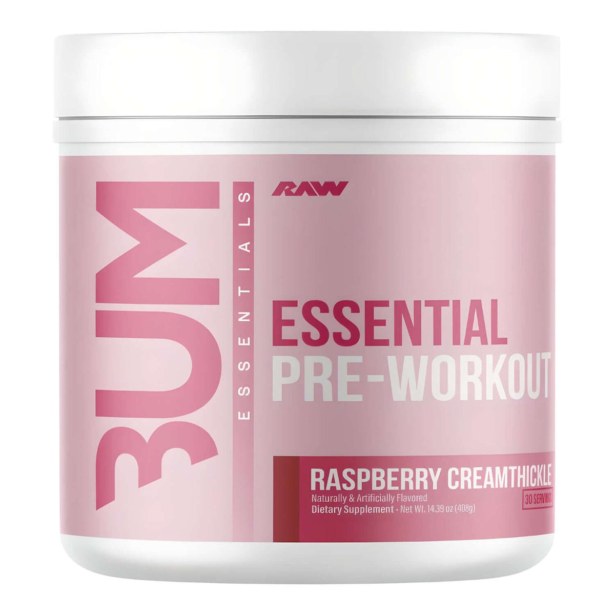 Raw Nutrition CBUM Essential Pre-Workout, Raspberry Creamthickle flavor, 408g. Dietary supplement for energy.