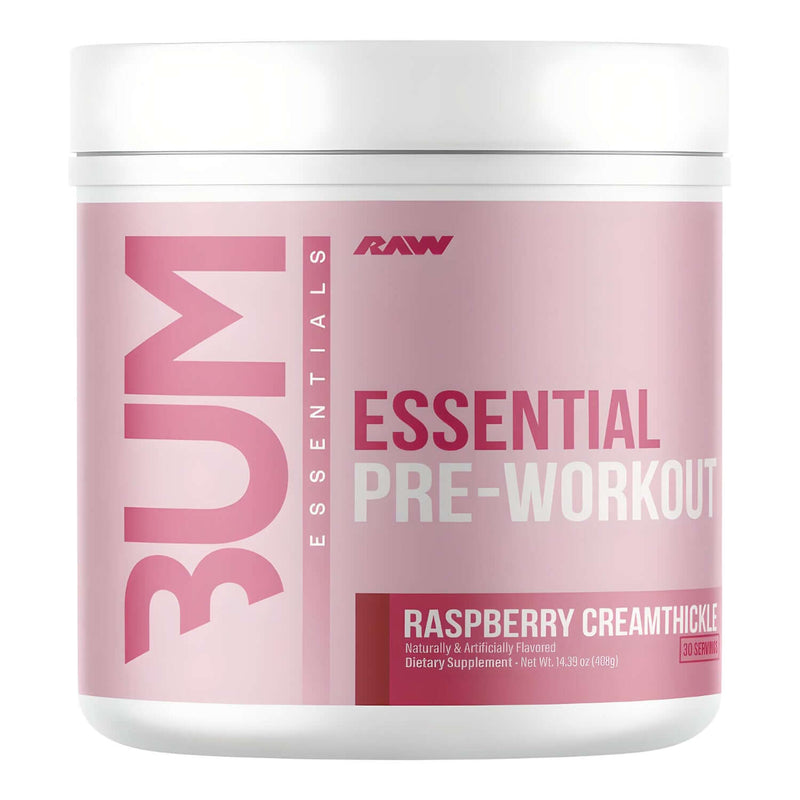 Raw Nutrition CBUM Essential Pre-Workout, Raspberry Creamthickle flavor, 408g. Dietary supplement for energy.