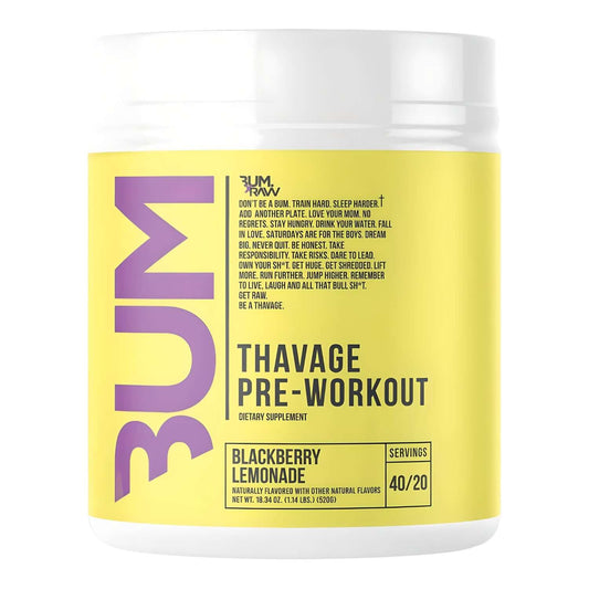 Raw Nutrition CBUM Thavage Pre-Workout, Blackberry Lemonade flavor, 520g. Dietary supplement for increased energy and focus.