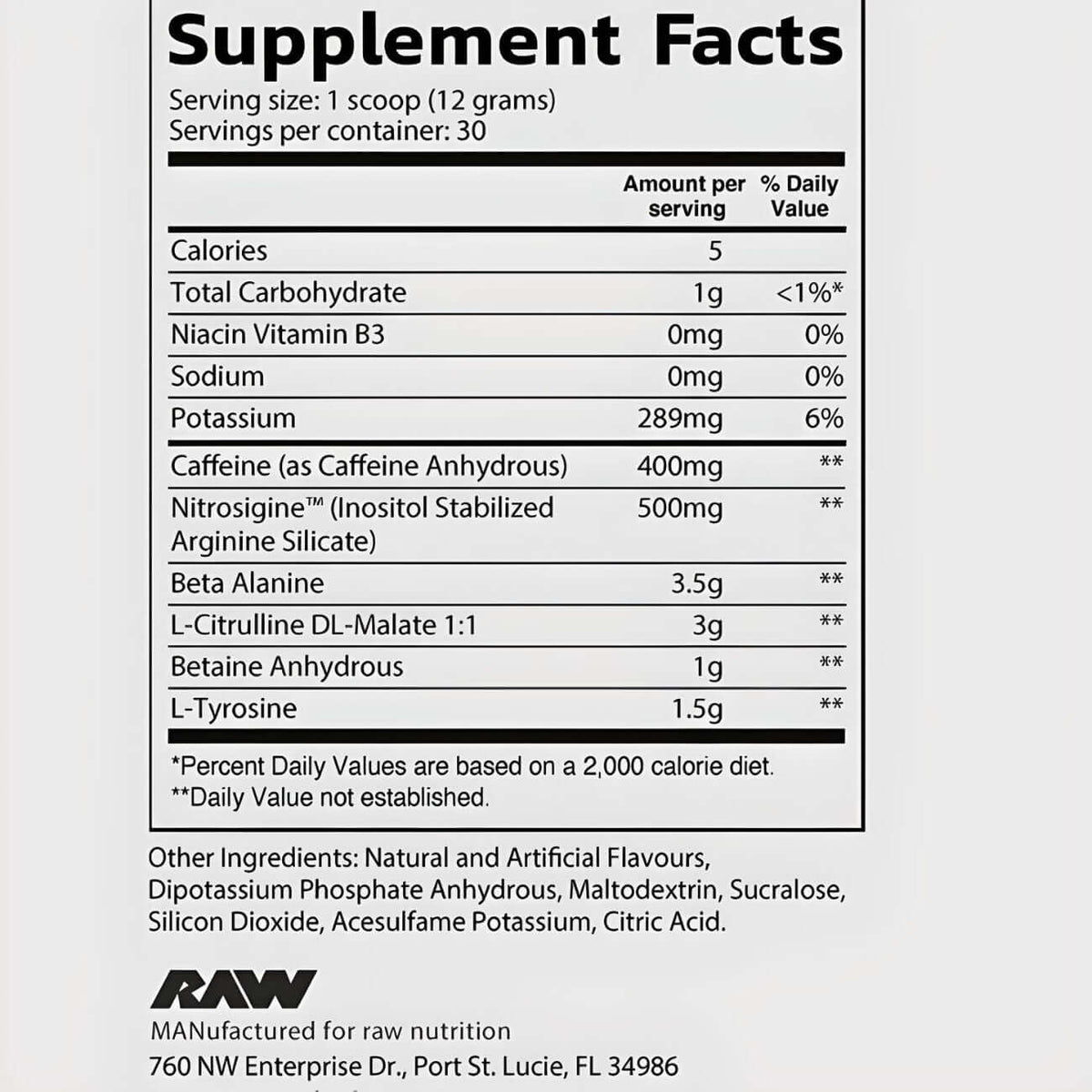 Raw Nutrition Pre Extreme Nutrition Facts