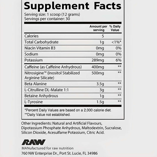 Raw Nutrition Pre Extreme Nutrition Facts