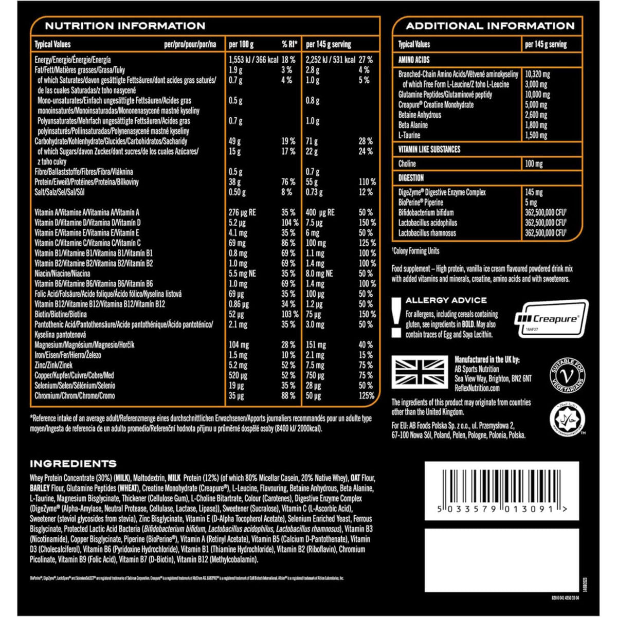 Reflex One Stop Xtreme Nutrition Facts