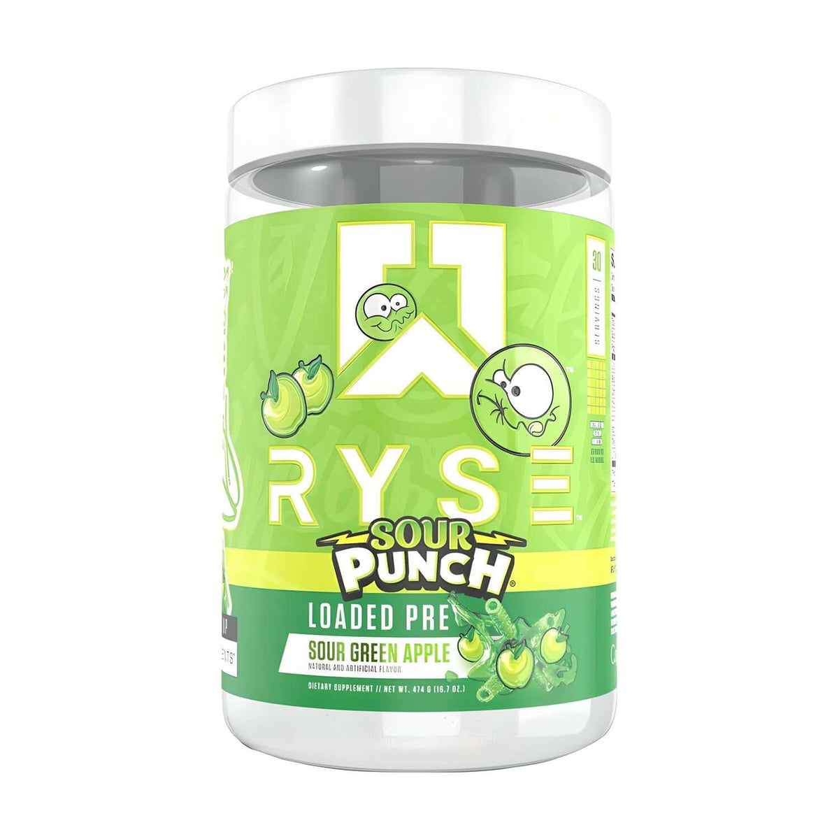 Ryse Loaded Pre-Workout Sour Green Apple flavor, 474g. Dietary supplement for energy and focus.