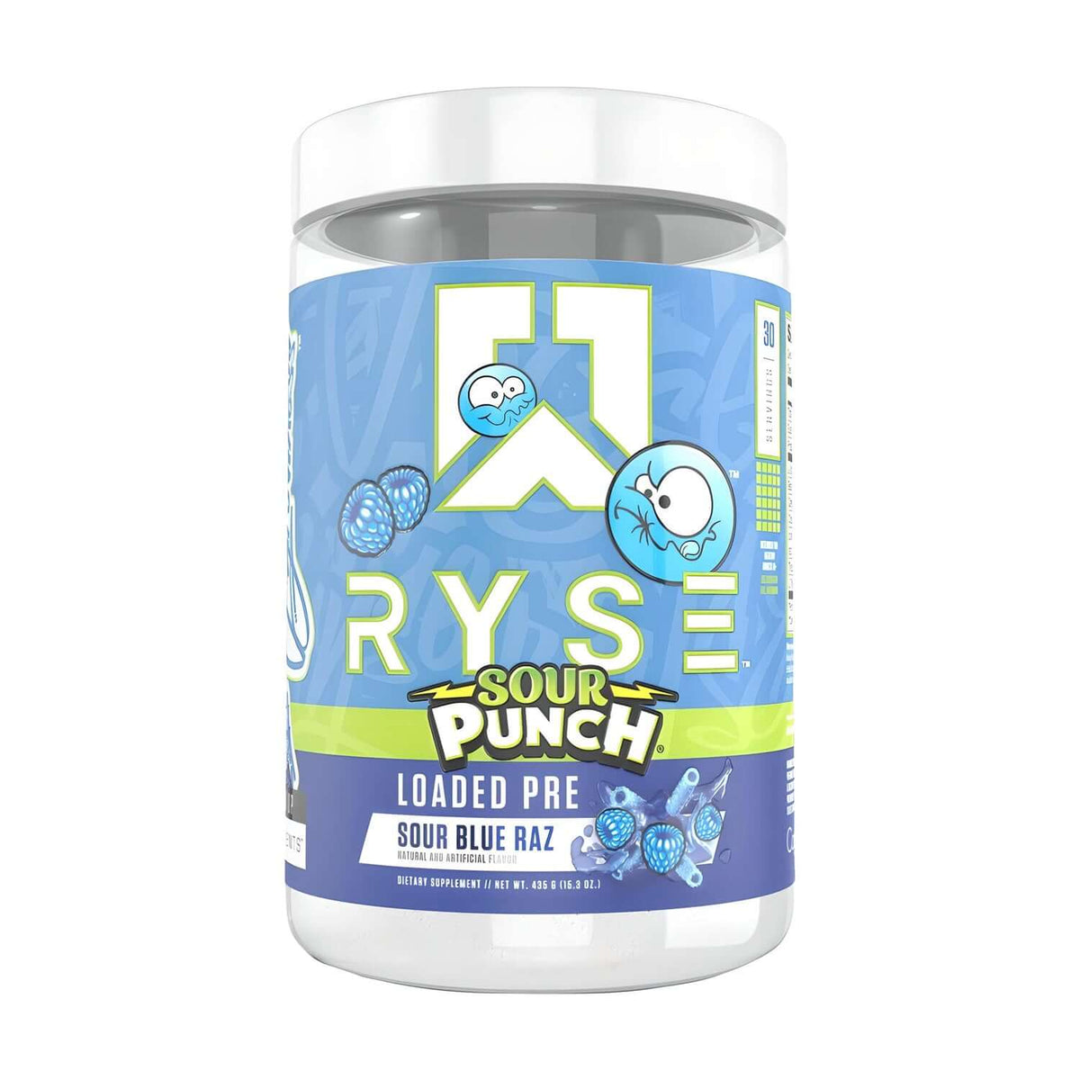 Ryse Loaded Pre-Workout Sour Blue Raz flavor, 435g. Energy supplement for athletic performance.