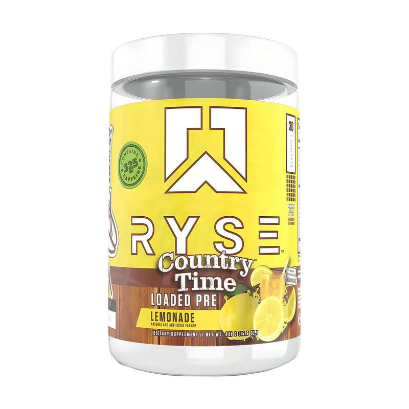 Ryse Loaded Pre-Workout, Country Time Lemonade flavor, 441g. Preworkout supplement for energy and focus.