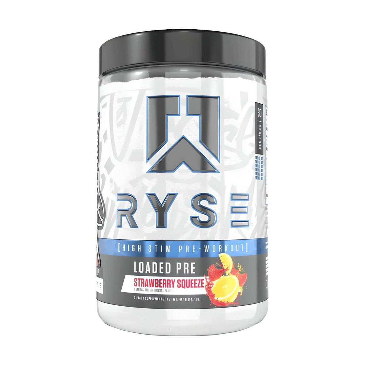 Ryse Loaded Pre-Workout Strawberry Squeeze, 417g. High-stim pre-workout supplement.