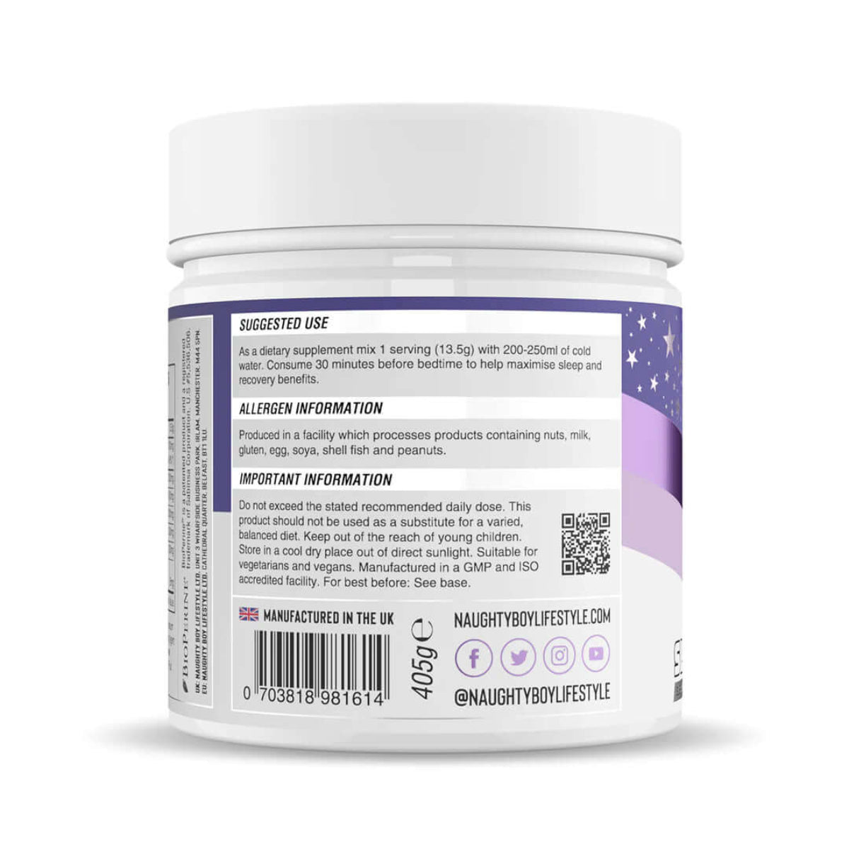 Naughty Boy Lifestyle Sleep Nutrition supplement facts label: ingredients, allergen info, suggested use instructions.