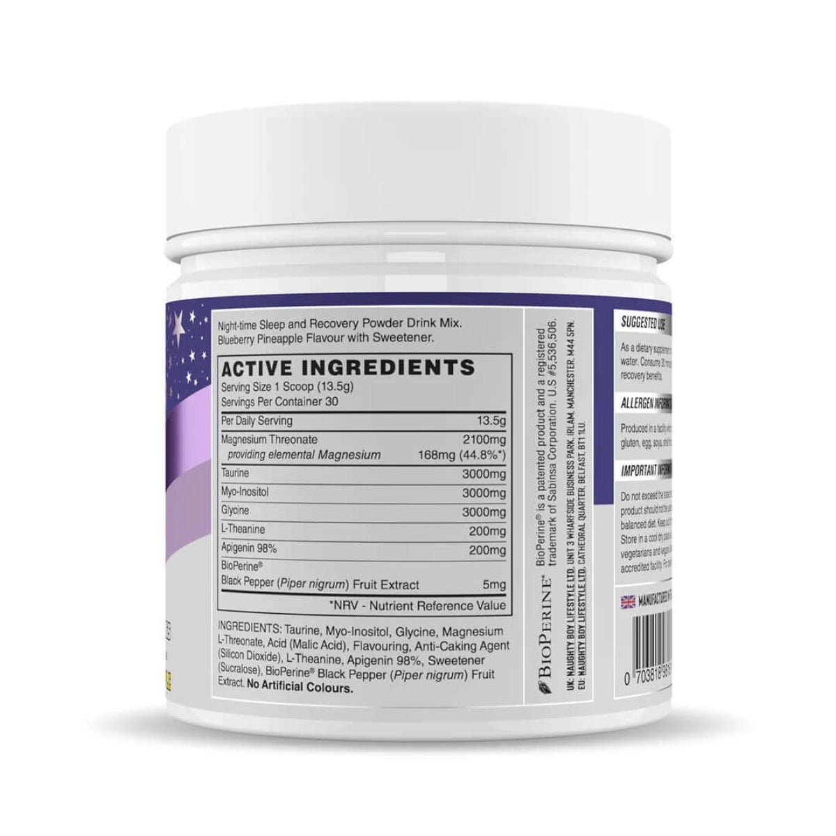 Naughty Boy Sleep Label night-time recovery powder, blueberry pineapple flavor. See supplement facts for ingredients.