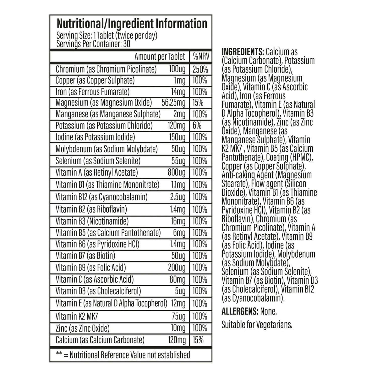 Trained By JP The One MultiVitamin Nutrition Facts