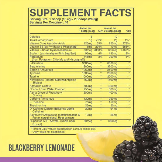Raw Nutrition CBUM Thavage Blackberry Lemonade supplement facts panel showing ingredients and nutritional information.