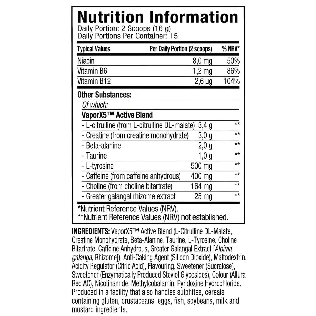 MuscleTech Vapor X5 Pre Workout Nutrition Facts