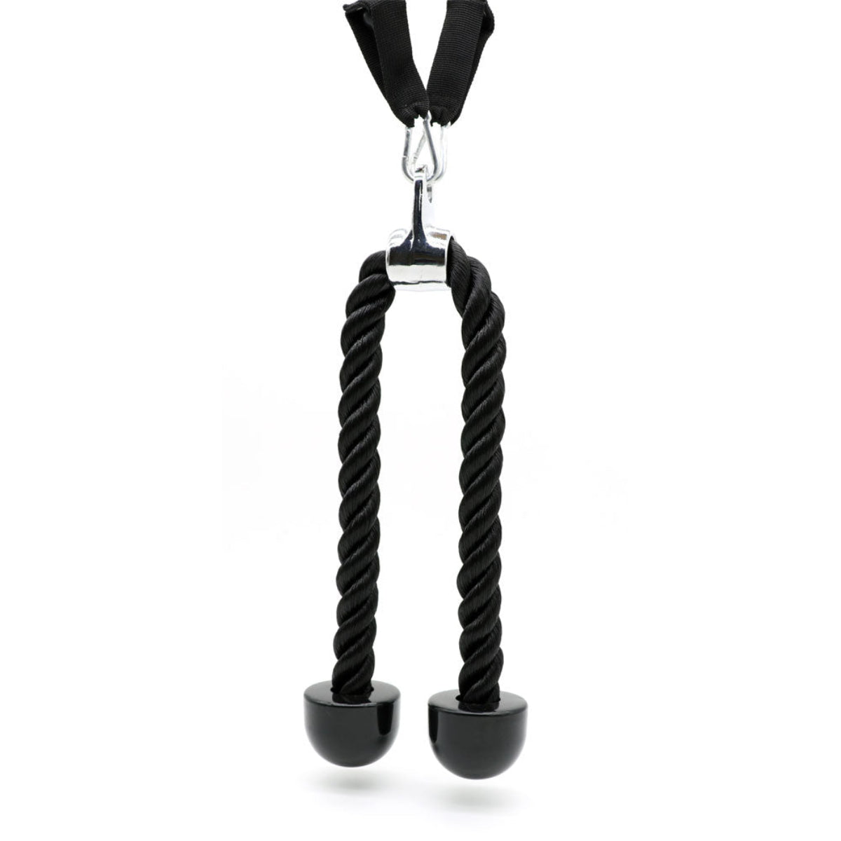 Black twisted Tricep rope with metal hooks on a white background