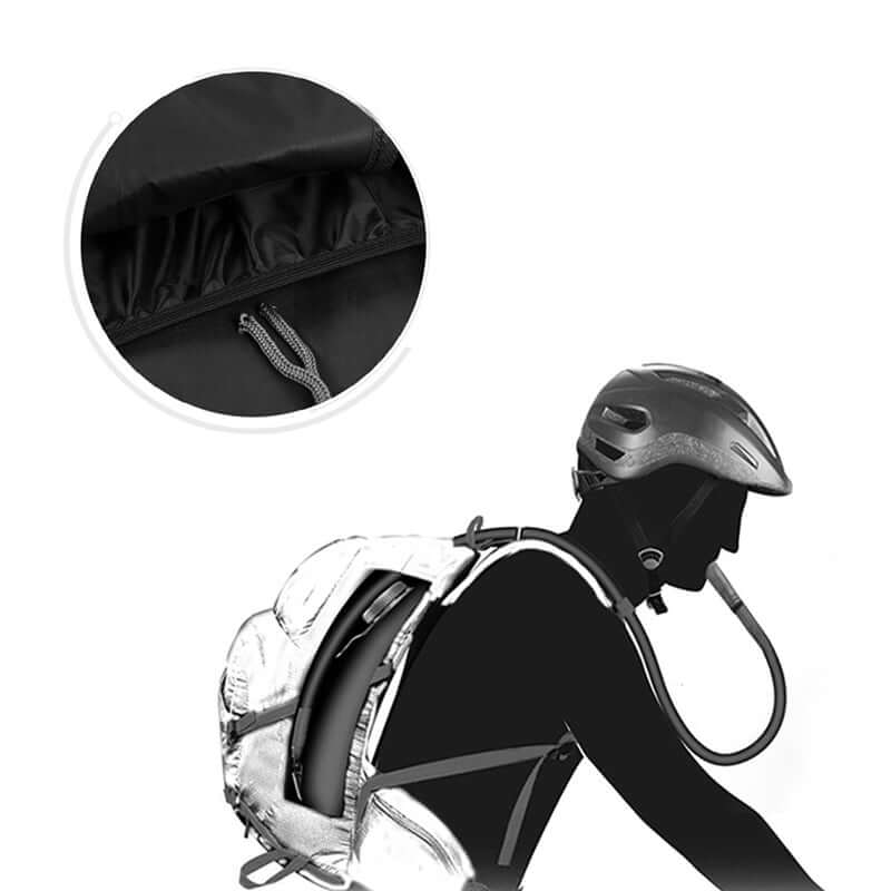 Person wearing a backpack with a helmet on their head, showing the interior of the backpack.