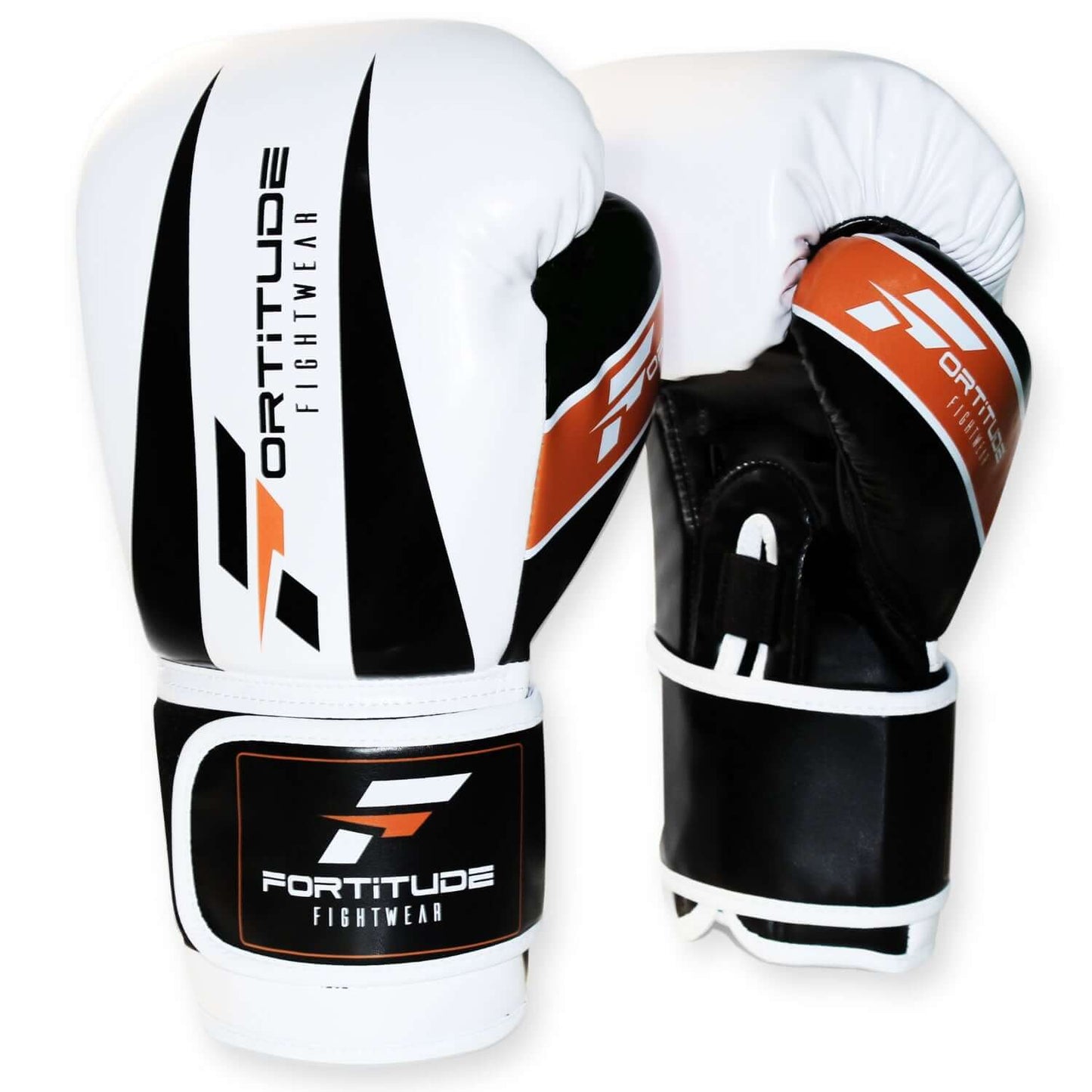 Pair of boxing gloves with Fortitude Fightwear branding on a white background