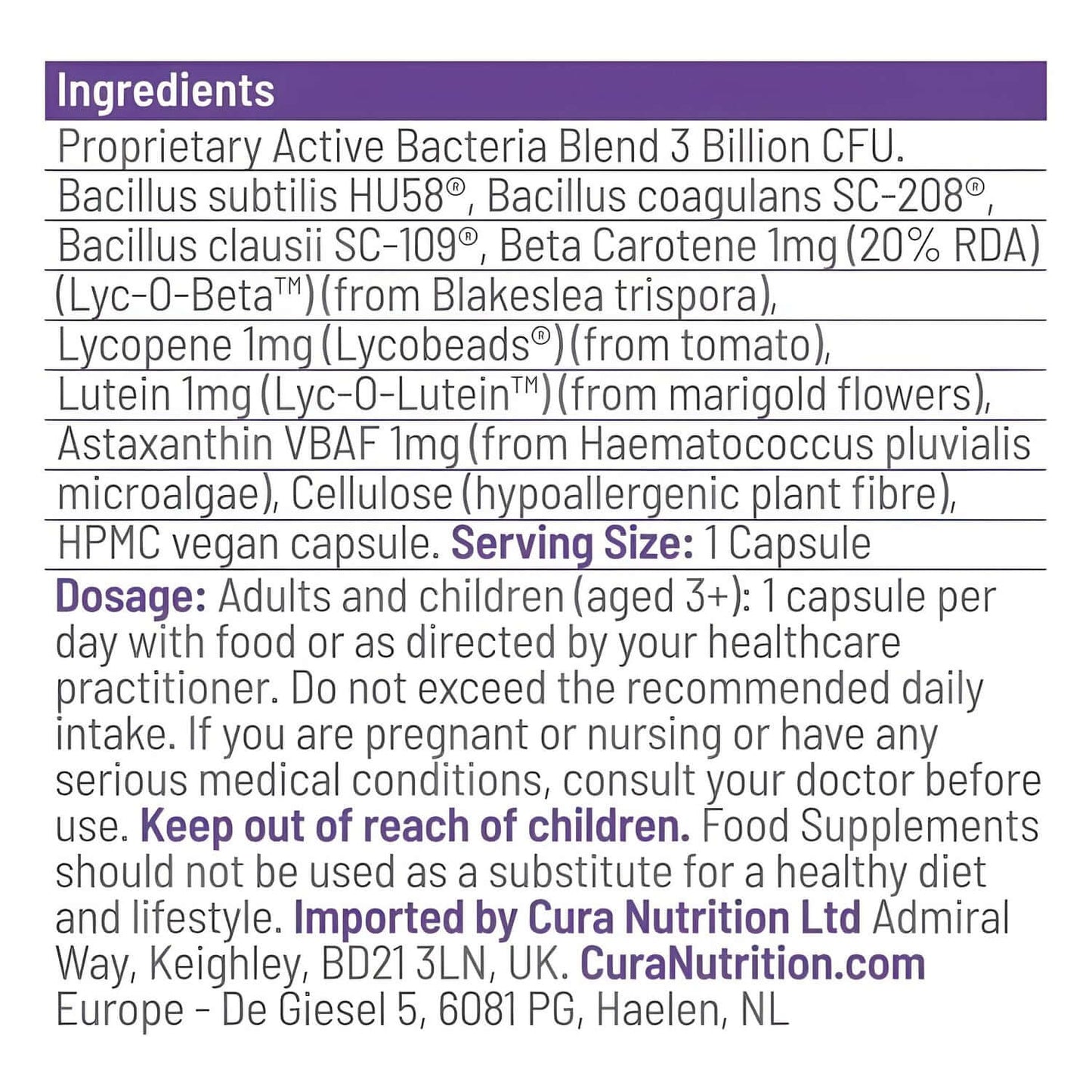 Cura Nutrition Cura Sporebiotics Nutrition Facts