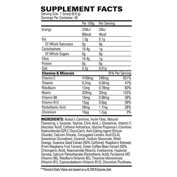 EHP Labs OxyShred Hardcore  Nutrition Facts