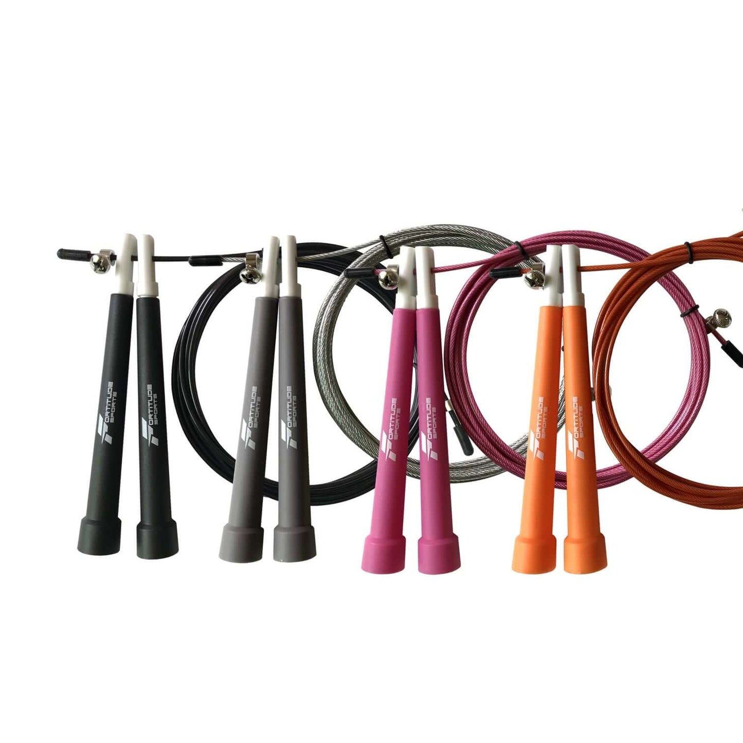 Set of jump ropes in various colors on a white background