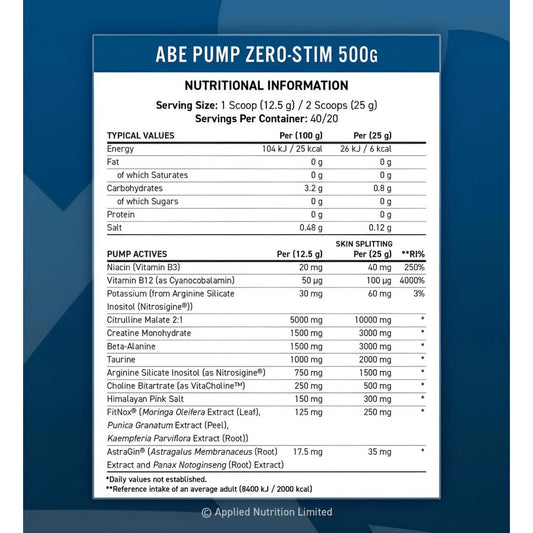  Applied Nutrition ABE Pump Stim-Free Nutrition Facts