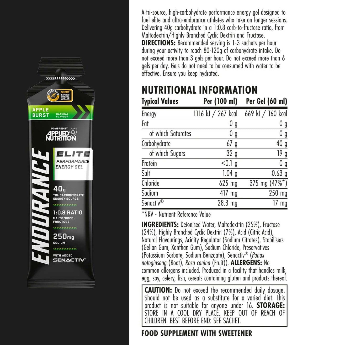 Applied Nutrition Endurance Elite Performance Energy Gels Nutrition Facts