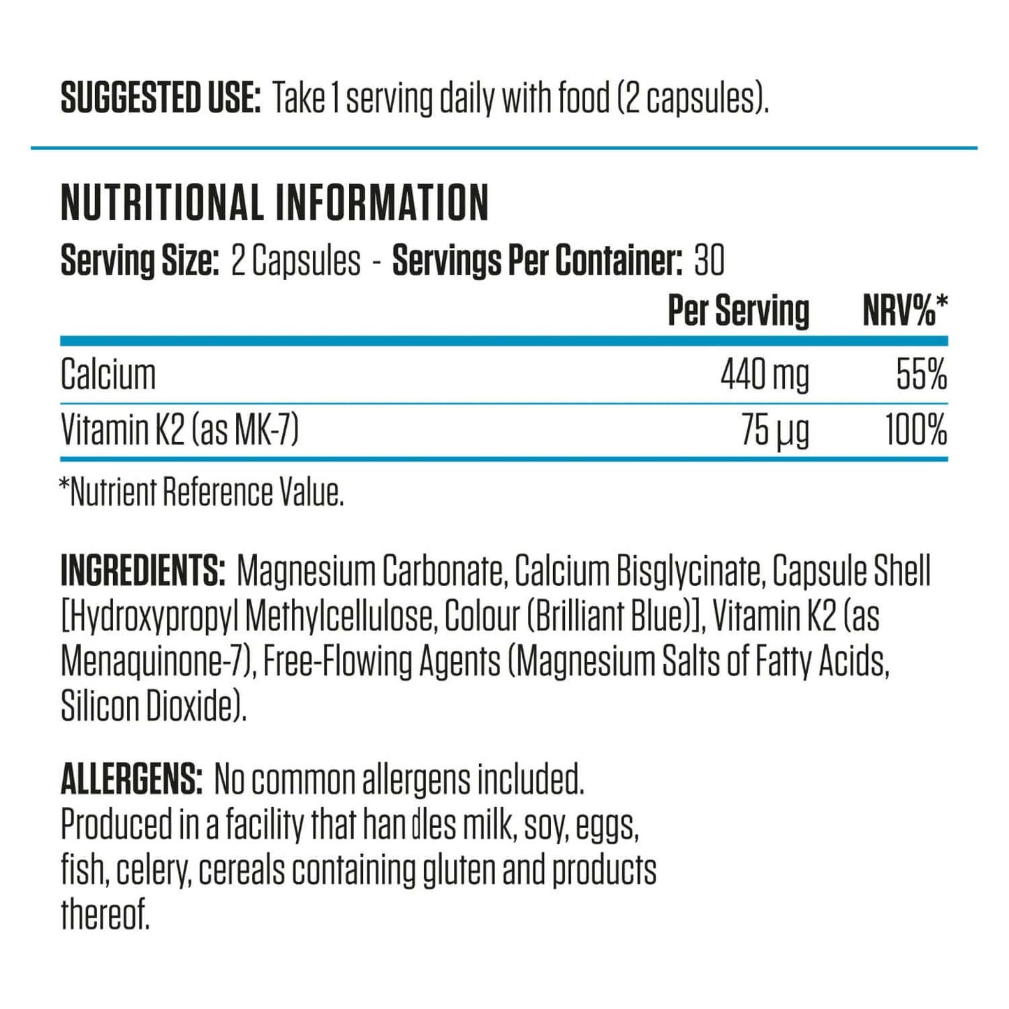 Applied Nutrition Calcium & Vitamin K2 Nutrition Facts