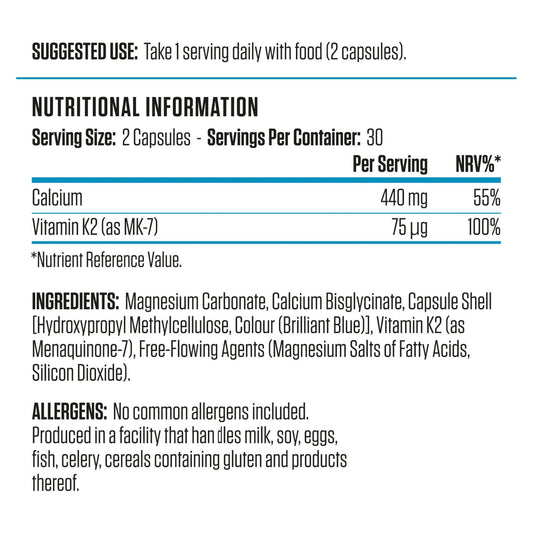 Applied Nutrition Calcium & Vitamin K2 Nutrition Facts