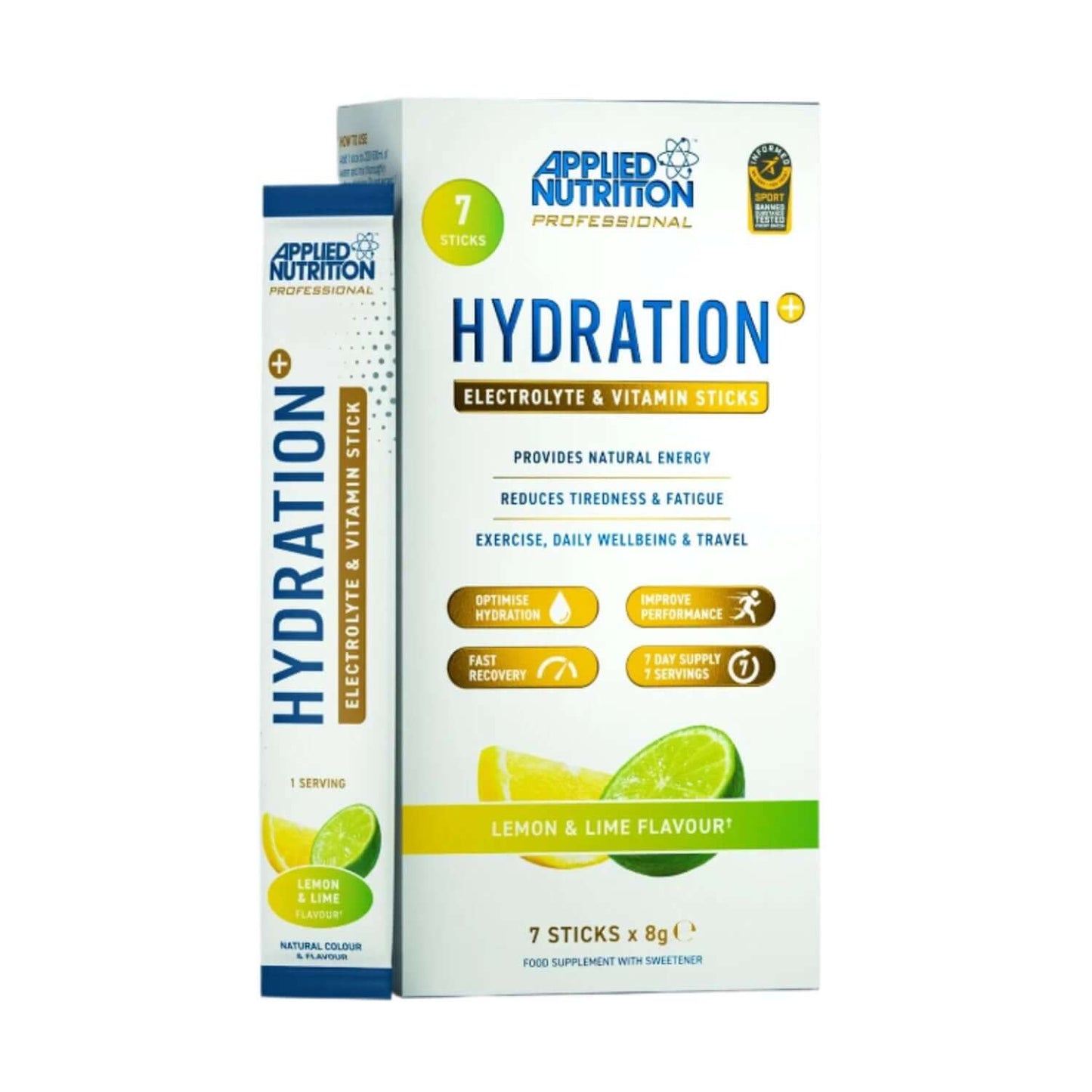 Applied Nutrition Hydration+ Electrolyte & Vitamin Powder Stick Pack Size: 7 x 8g Flavour: Lemon & Lime