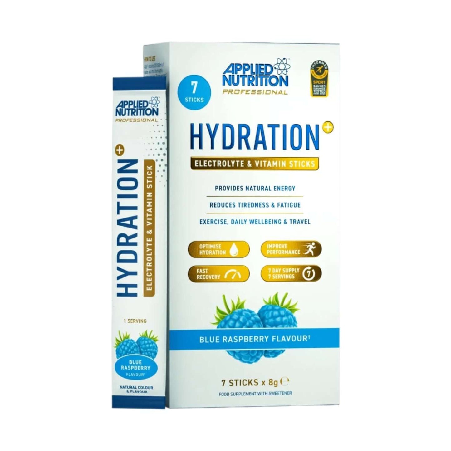 Applied Nutrition Hydration+ Electrolyte & Vitamin Powder Stick Pack Size: 7 x 8g Flavour: Blue Raspberry