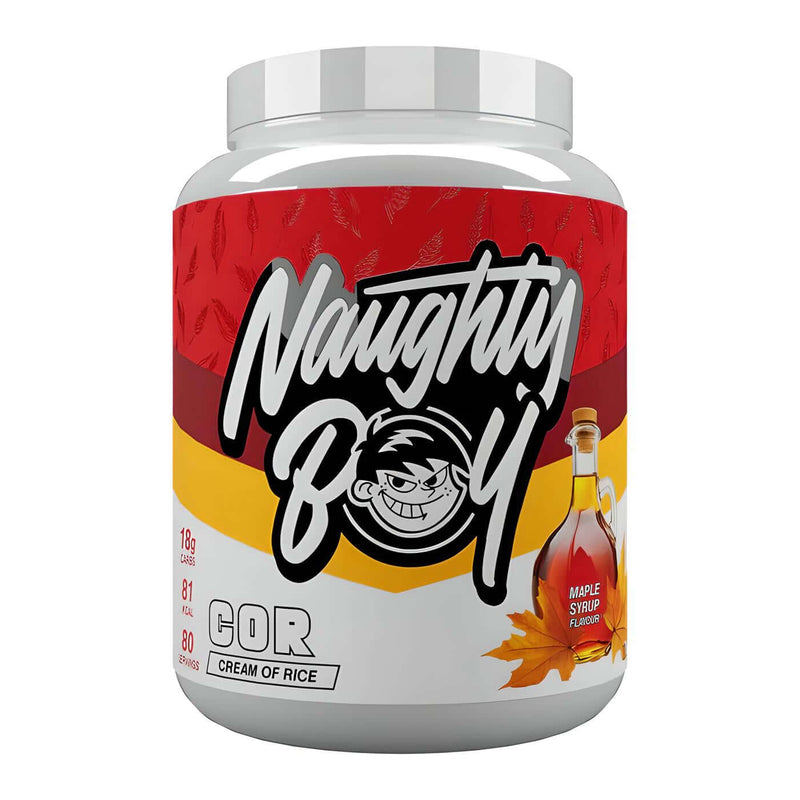 Naughty Boy Cream of Rice, 2kg, Maple Syrup flavor. Energy supplement with 18g carbs.