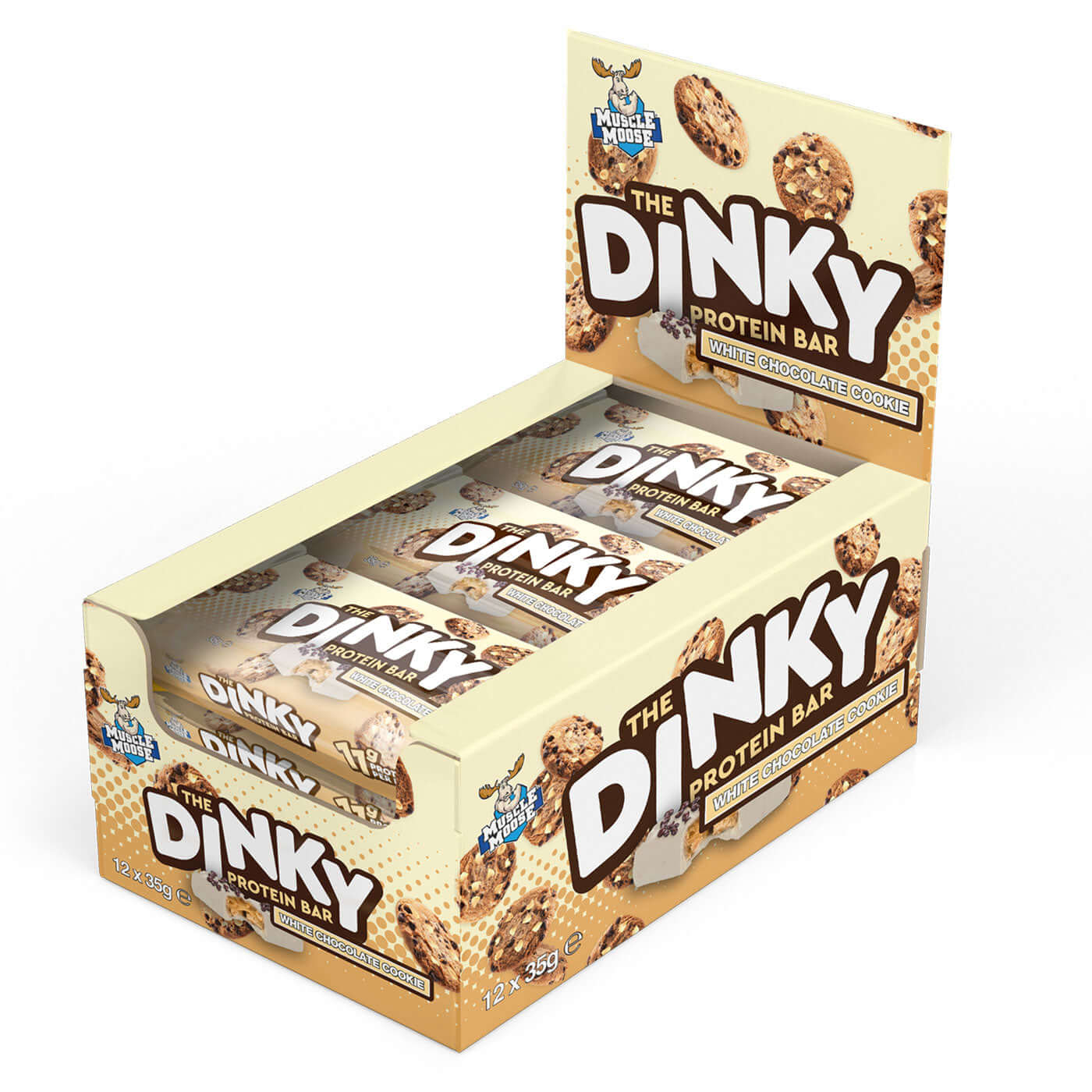 Muscle Moose Dinky Protein Bars Size: 12 x 35g Flavour: White Chocolate Cookie