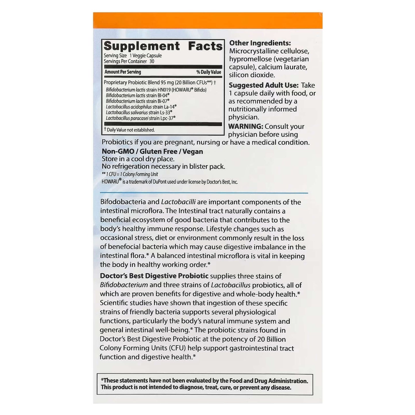 Doctor's Best Digestive Probiotic 20 Billion CFU Nutrition Facts