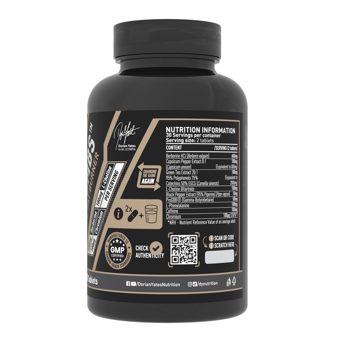 Dorian Yates Burner tablets for nutrition, includes ingredients like Berberine, L-Choline and Chromium.