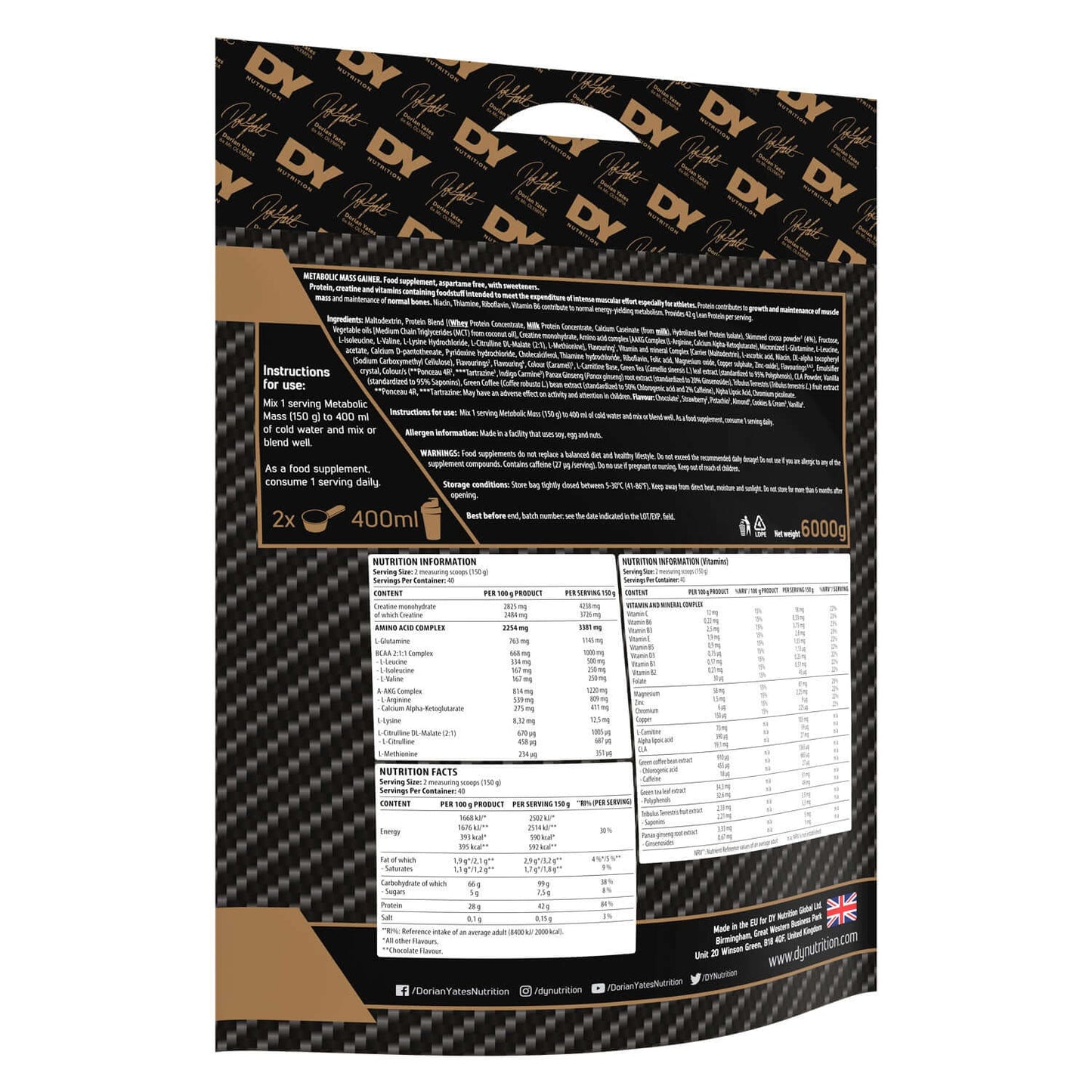 Dorian Yates Nutrition Metabolic Mass Gainer Nutrition Facts