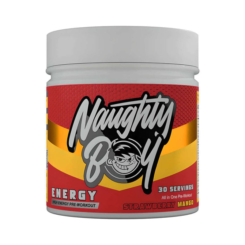 Naughty Boy Energy pre-workout, 390g, Strawberry Mango flavor. High energy pre-workout supplement.