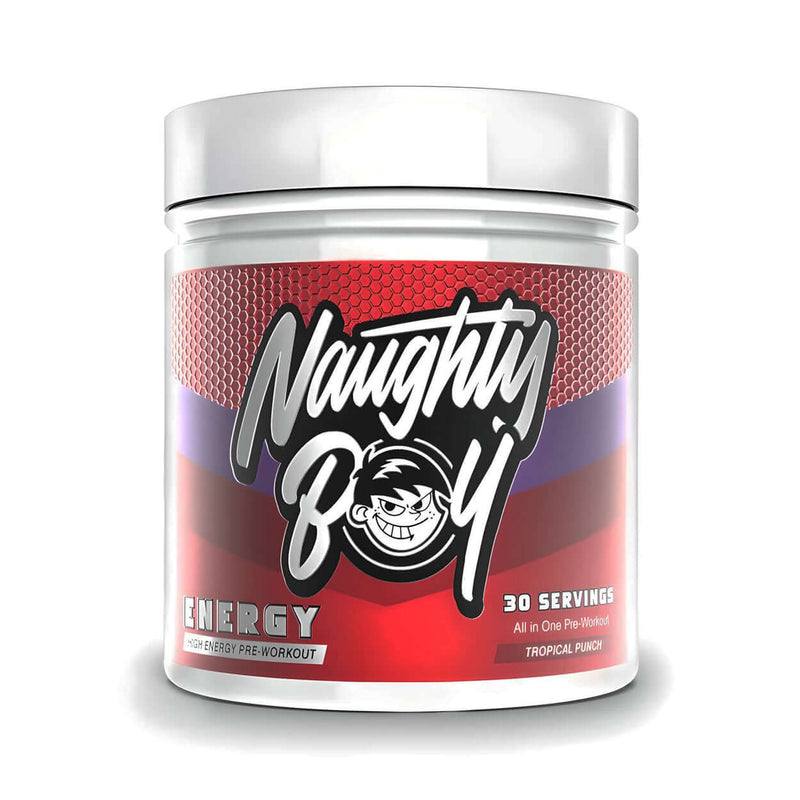 Naughty Boy Energy pre-workout, 390g, Tropical Punch flavor. High energy supplement with 30 servings.