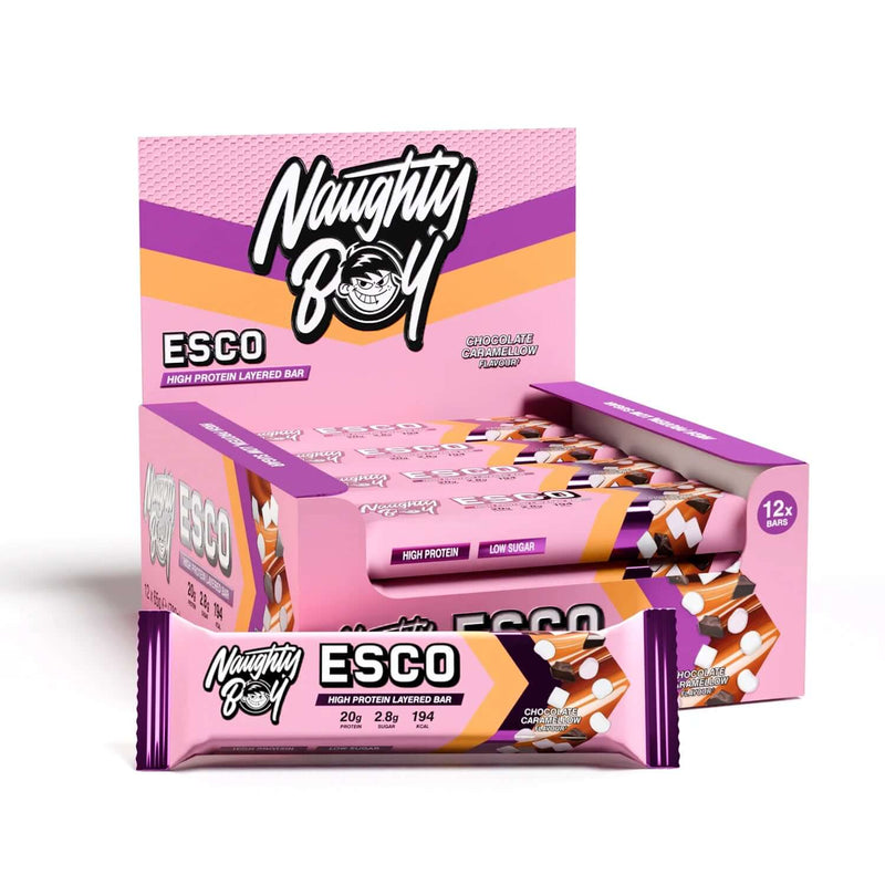 Naughty Boy Esco Bar Protein Bars Size: 12 x 65g Flavour: Chocolate Caramellow