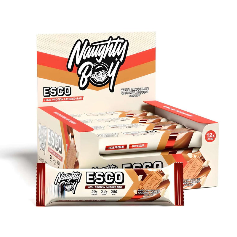 Naughty Boy Esco Bar Protein Bars Size: 12 x 65g Flavour: White Chocolate Caramel Biscuit