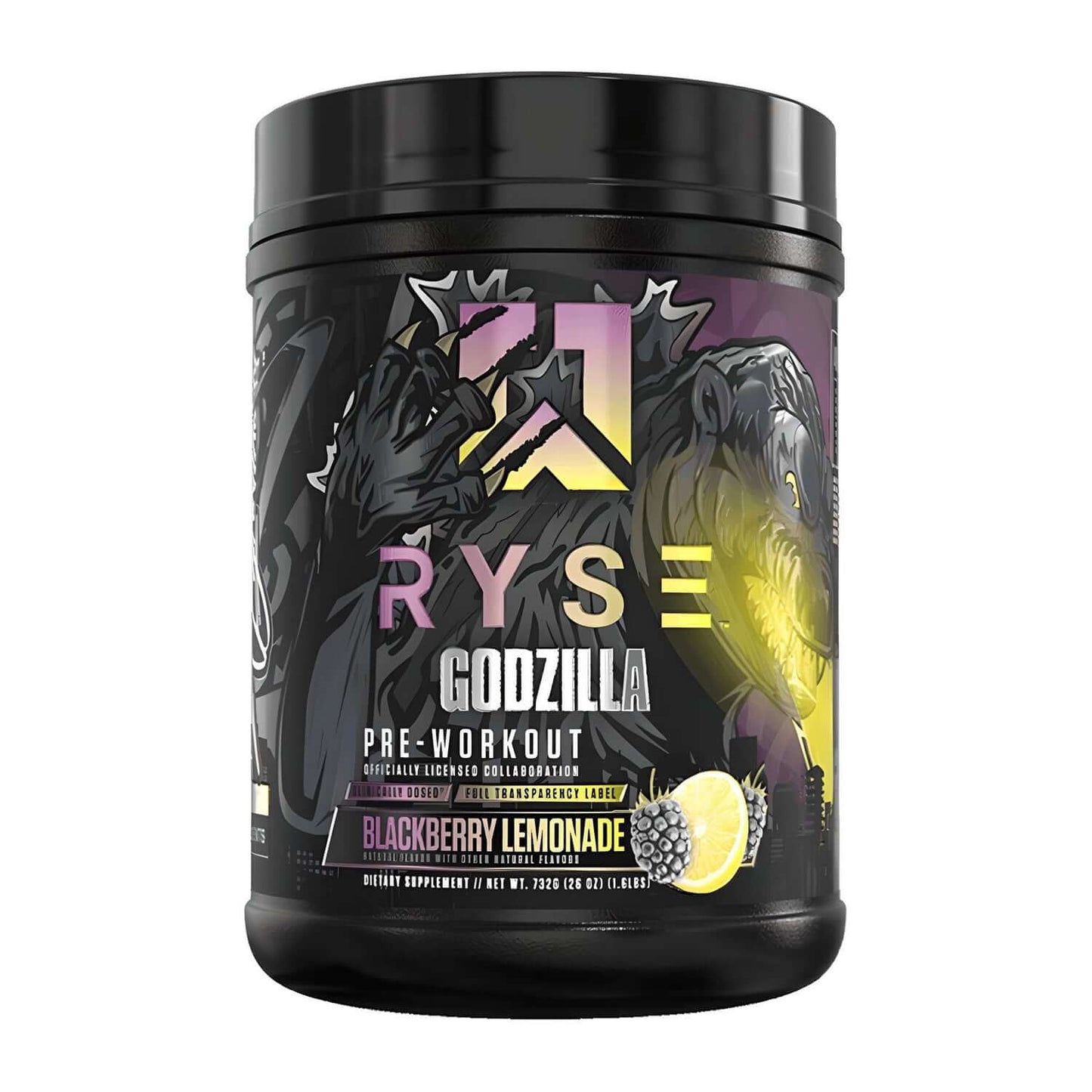 Ryse Godzilla Blackberry Lemonade Pre-Workout, 732g. Dietary supplement for energy and focus.