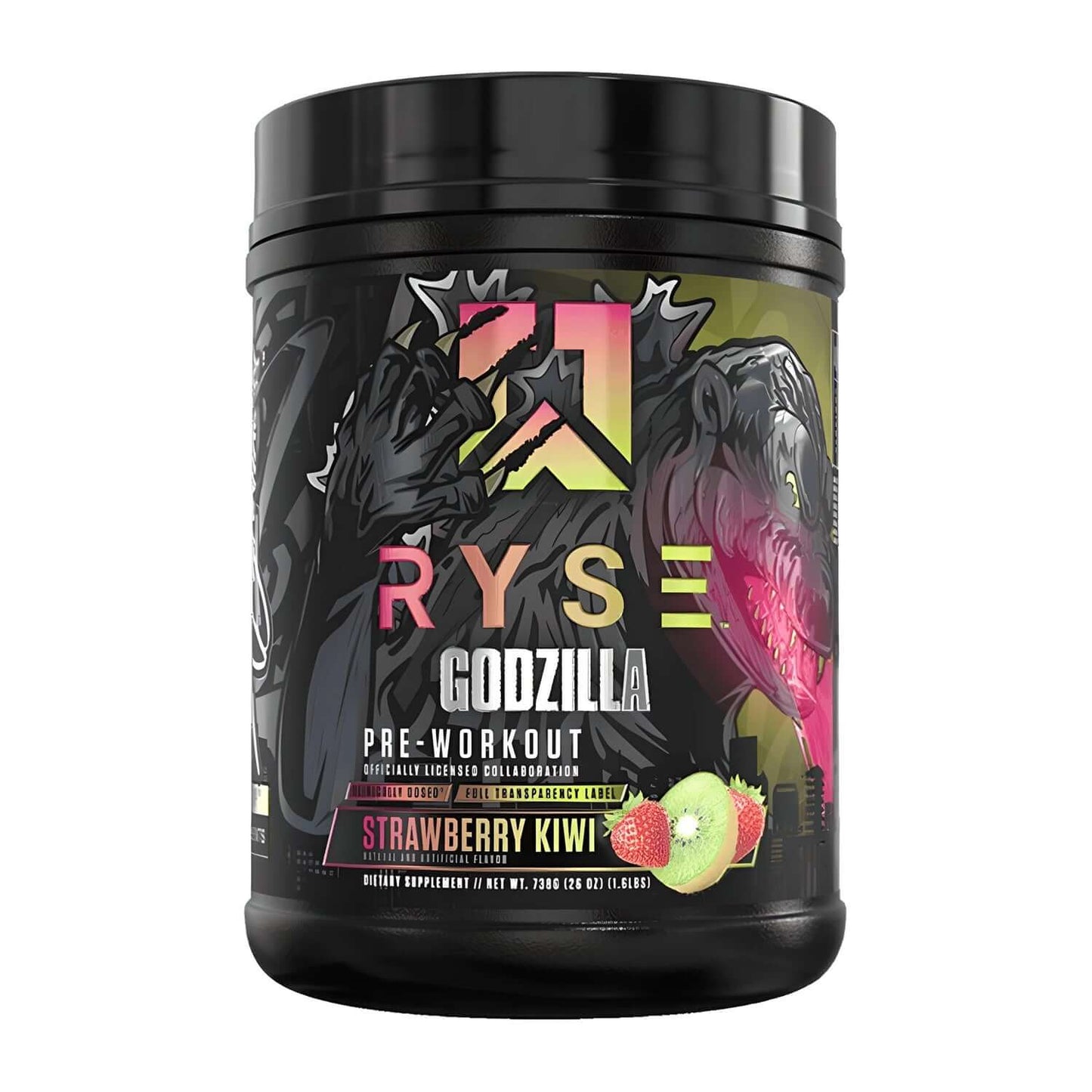 Ryse Godzilla Pre-Workout, Strawberry Kiwi flavor, 738g. Dietary supplement for energy and focus.