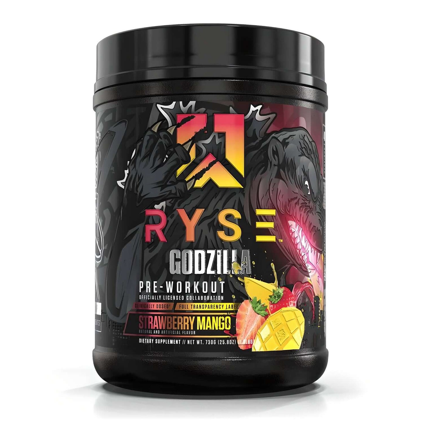 Ryse Godzilla Strawberry Mango Pre Workout, 730g. Dietary supplement for energy and focus.