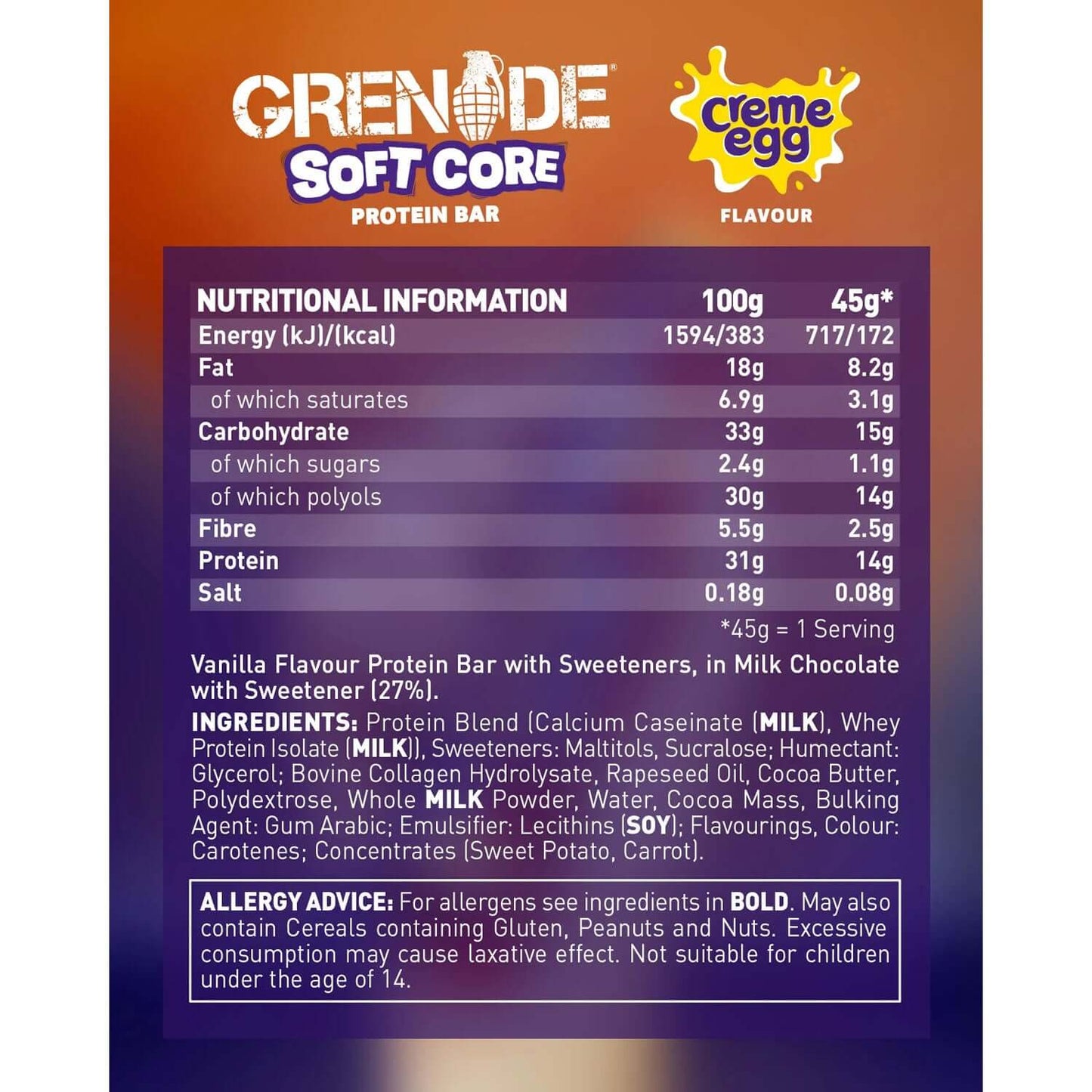 Grenade Creme Egg Protein Bars Nutrition Facts
