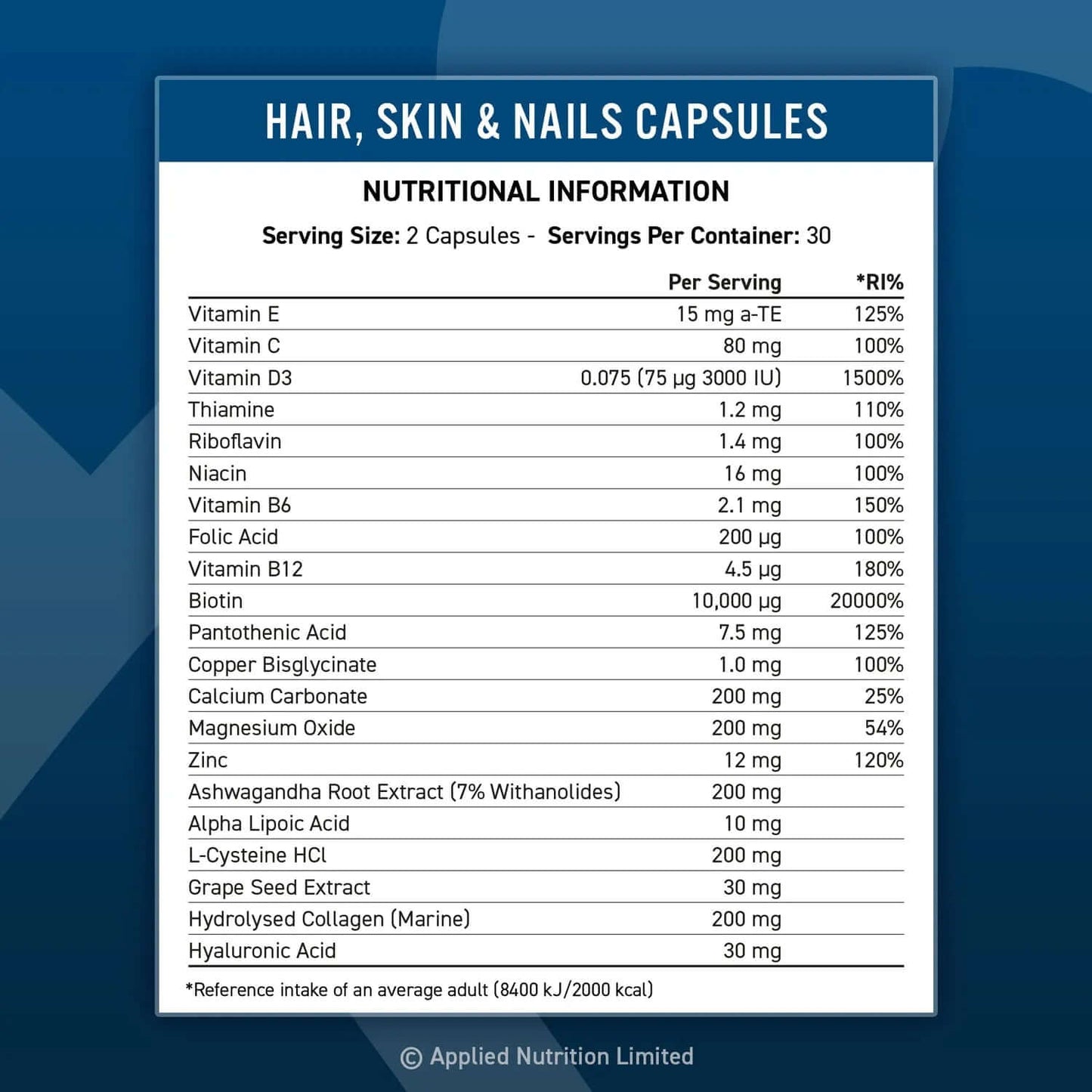 Applied Nutrition Hair, Skin & Nails Nutrition Facts