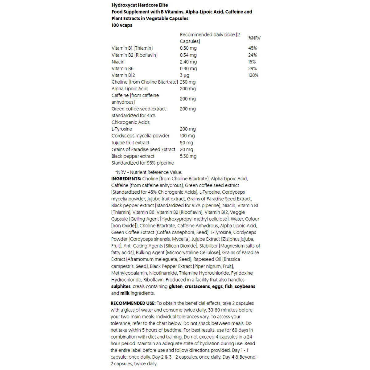 Muscletech Hydroxycut Hardcore Elite Nutrition Facts