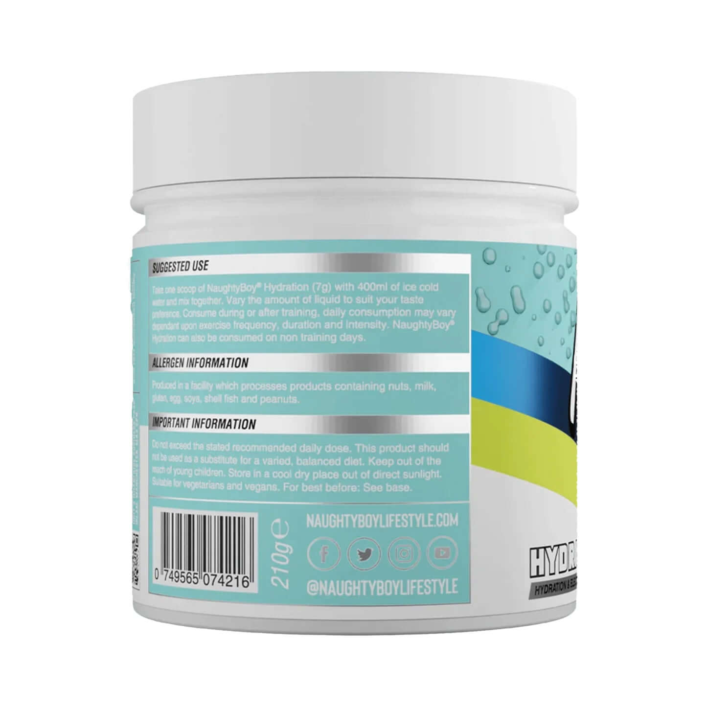 Naughty Boy Hydration tub label, showing suggested use, allergen & important information, and social media details.