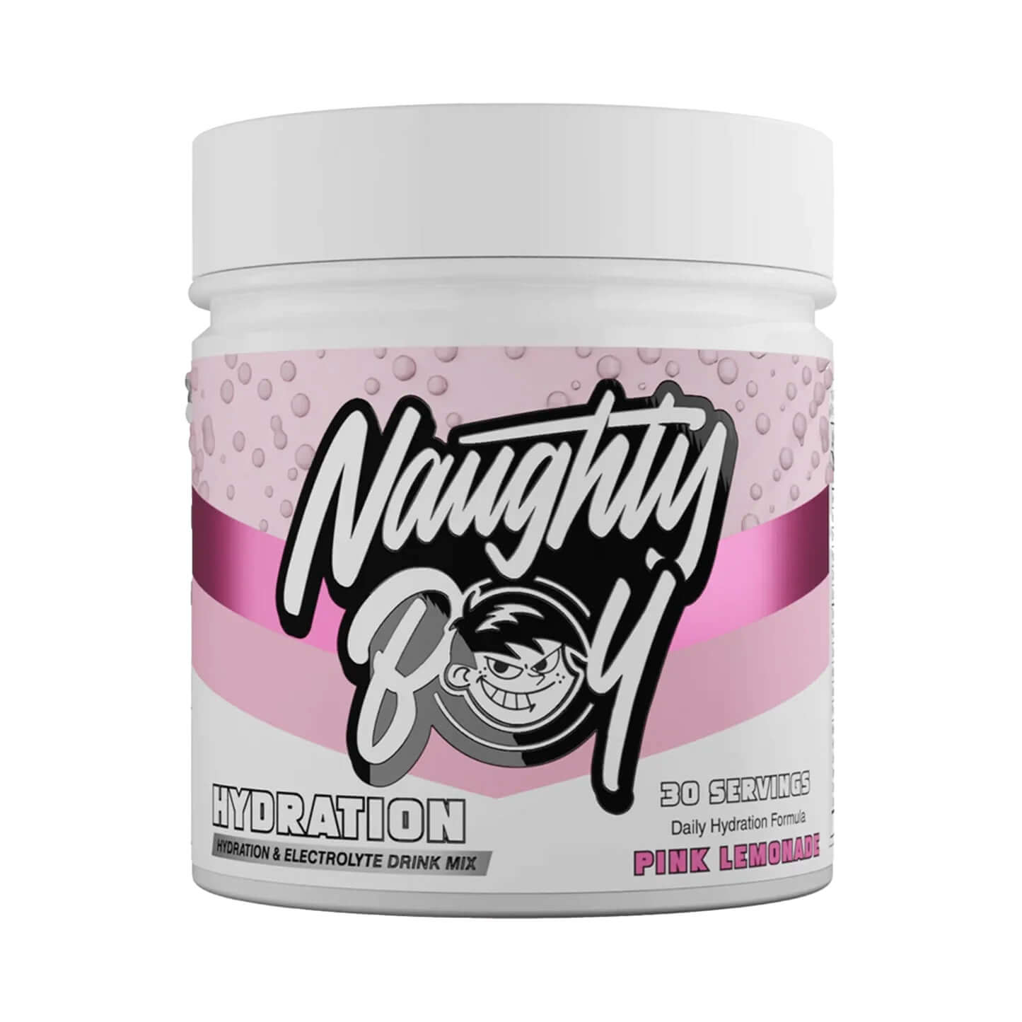 Naughty Boy Hydration, 30 servings, Pink Lemonade flavor. Daily hydration and electrolyte drink mix.
