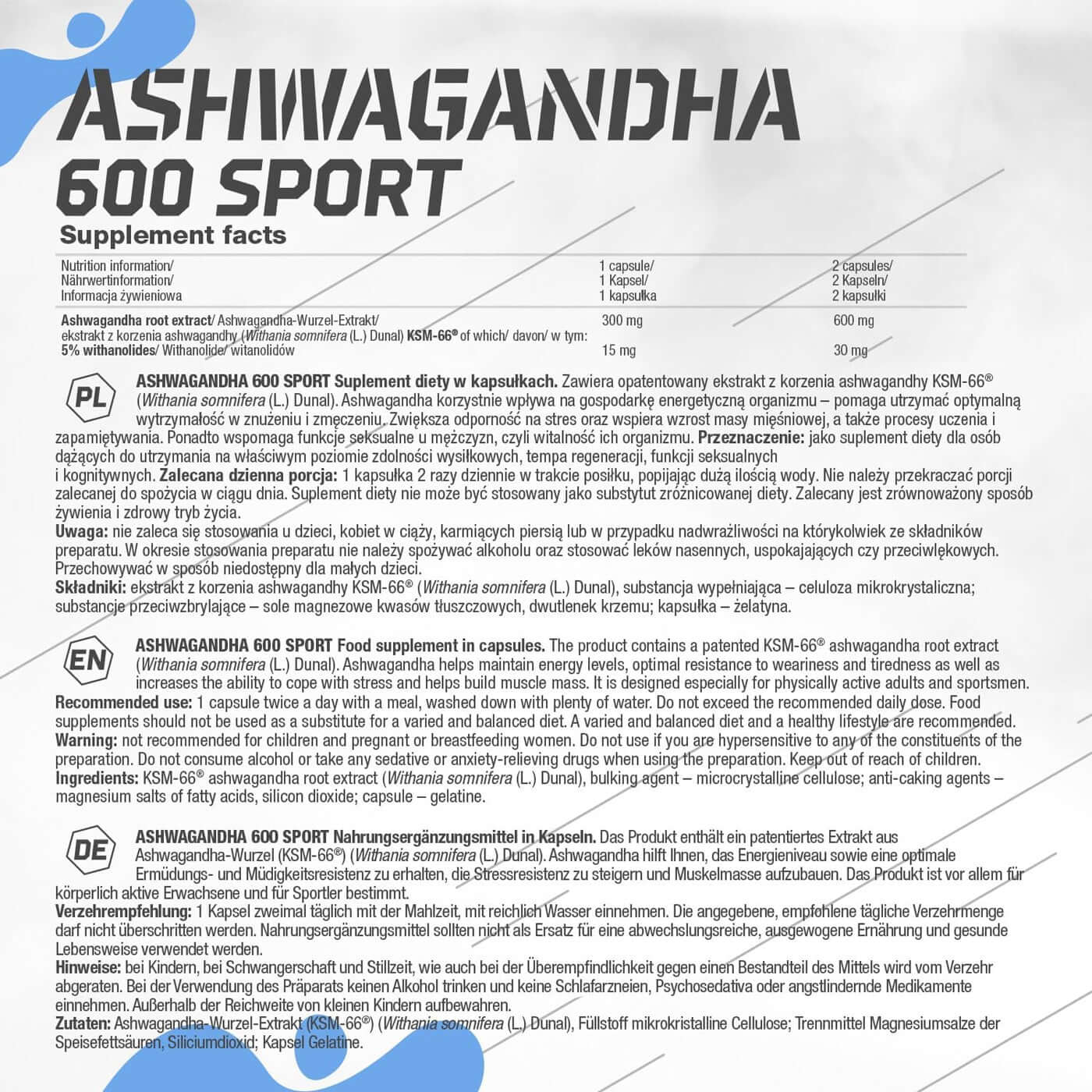 Olimp Ashwagandha 600 Sport Nutritional Information