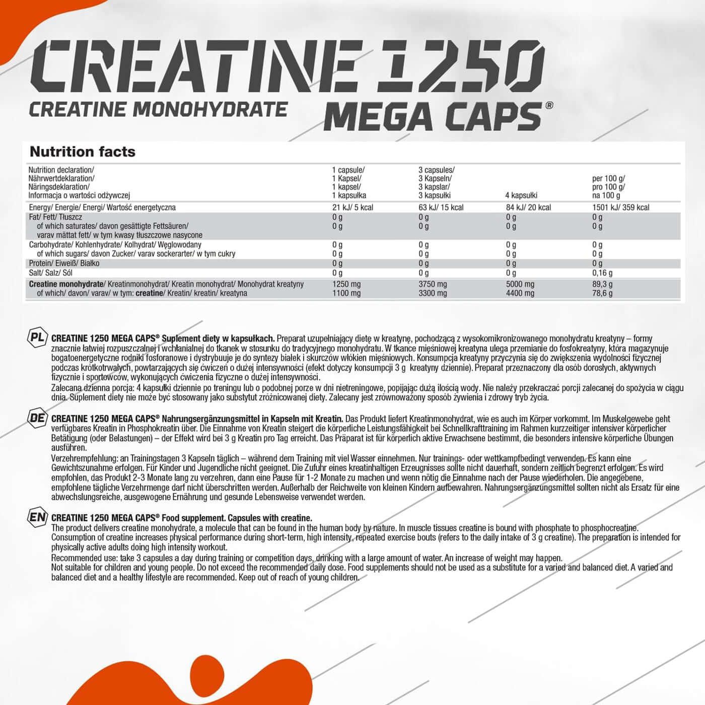 Olimp Creatine 1250 Mega Caps Nutritional Information