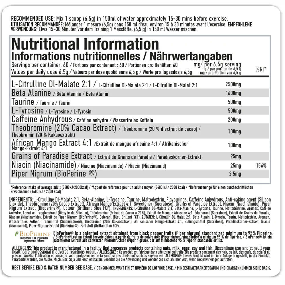 Per4m Energy Pre Workout Nutrition Facts