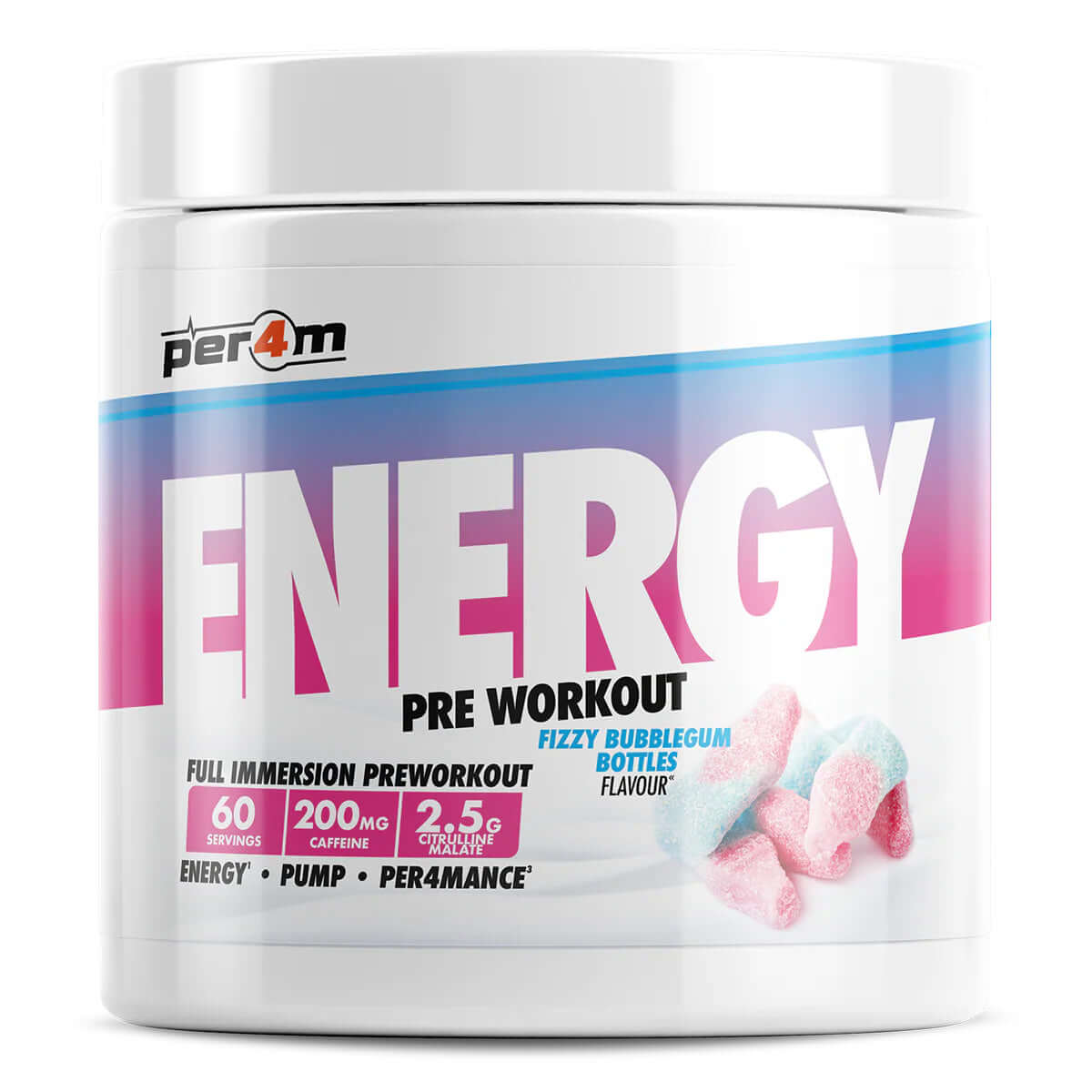 Per4m Energy Pre Workout Size: 390g Flavour: Fizzy Bubblegum Bottles