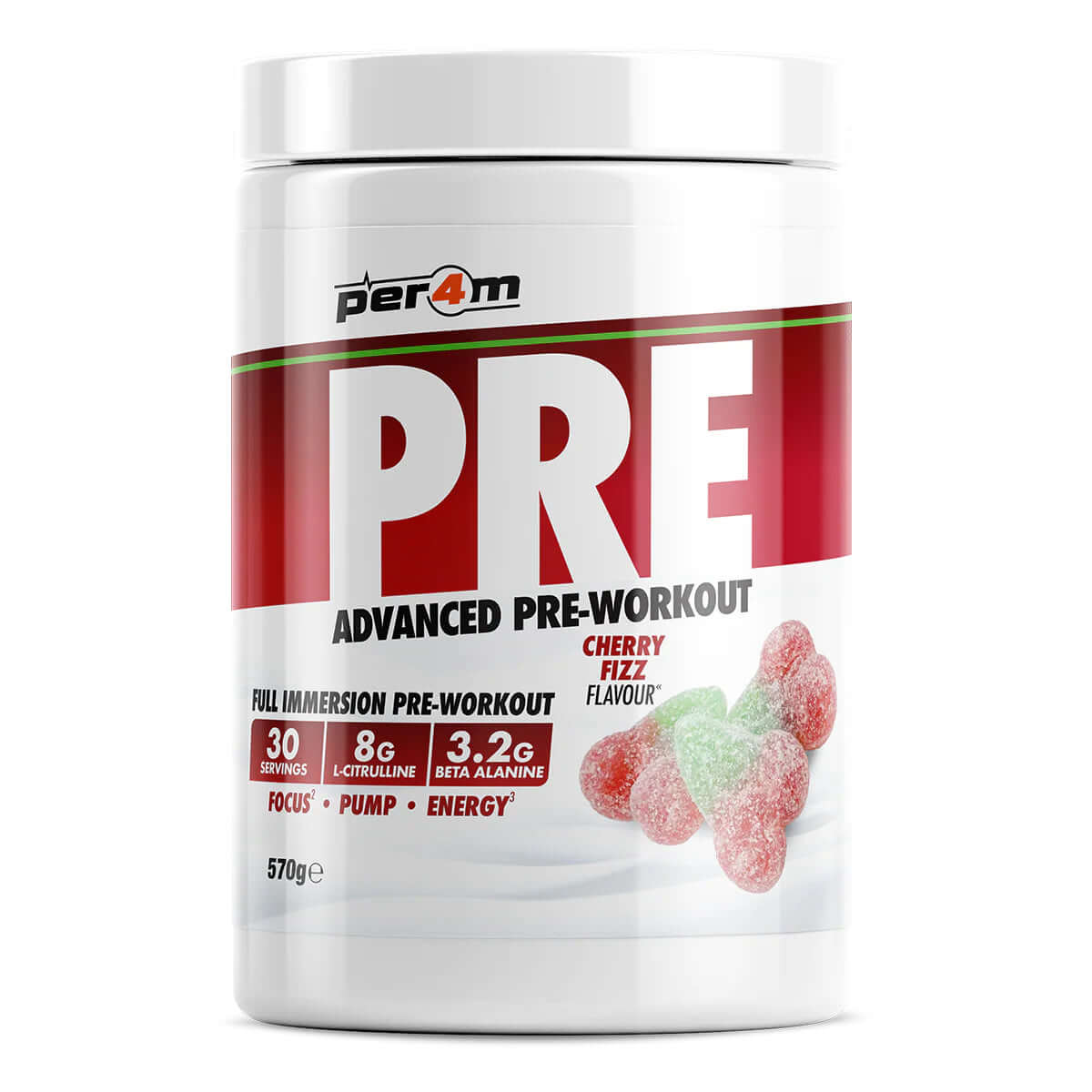 Per4m Pre Workout Size: 570g Flavour: Cherry Fizz
