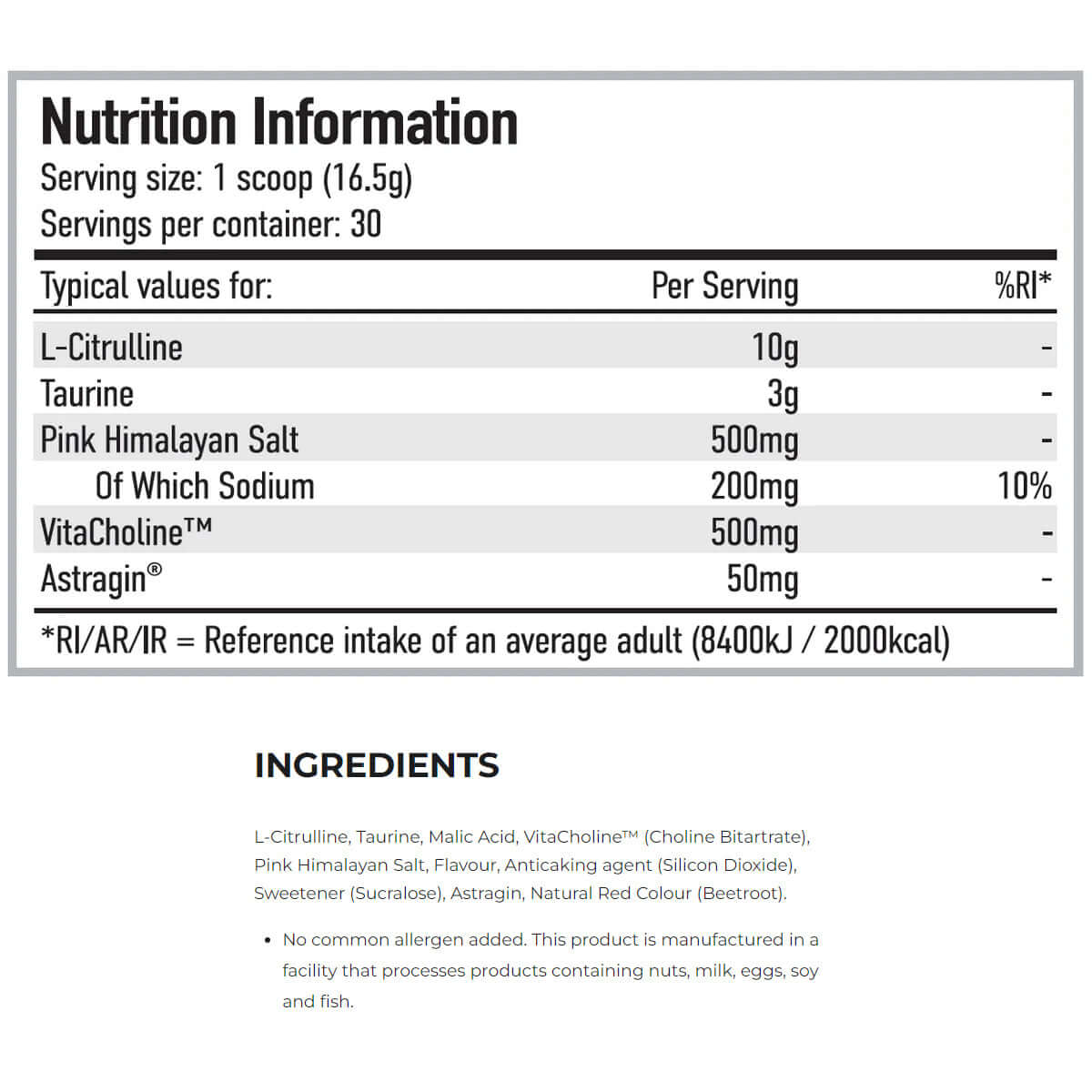 Per4m Pump Stim Free Pre Workout + Glycersize Nutrition Facts